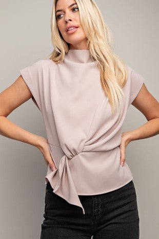Taupe High Neck Knot Detail Top