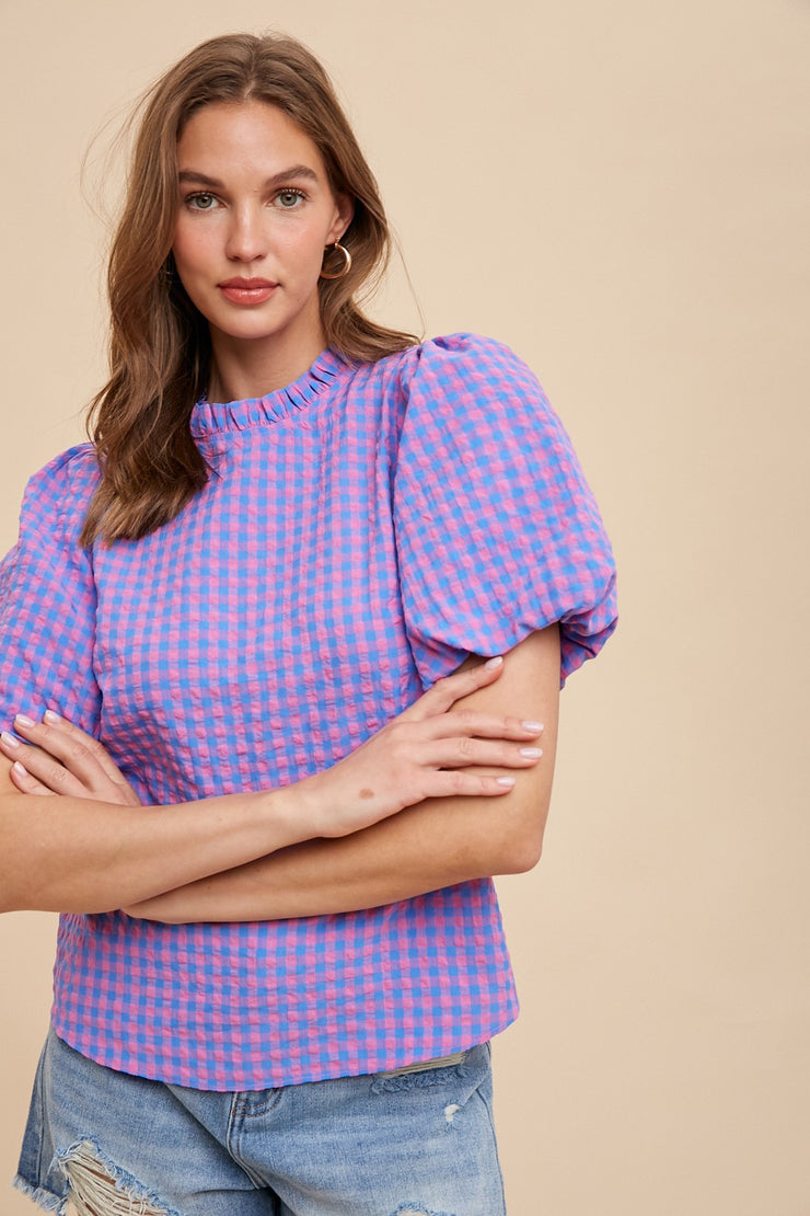Pink and Blue Check Bubble Sleeve Top