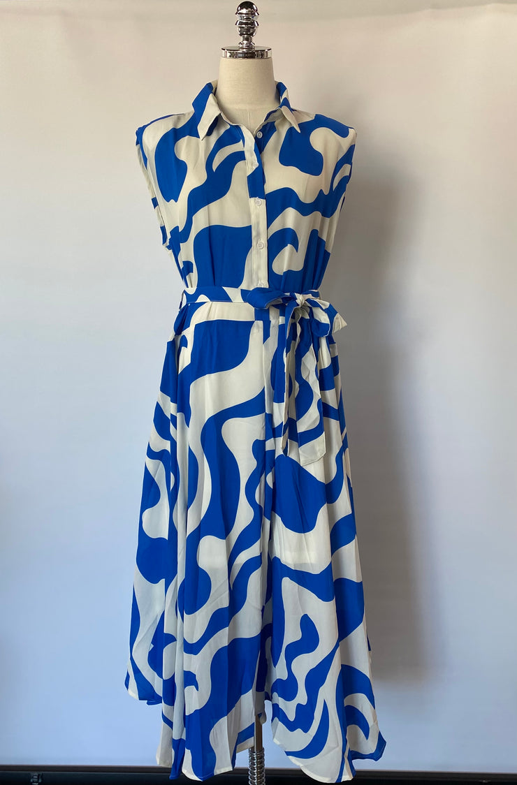 Blue Printed Tie Waist Dress