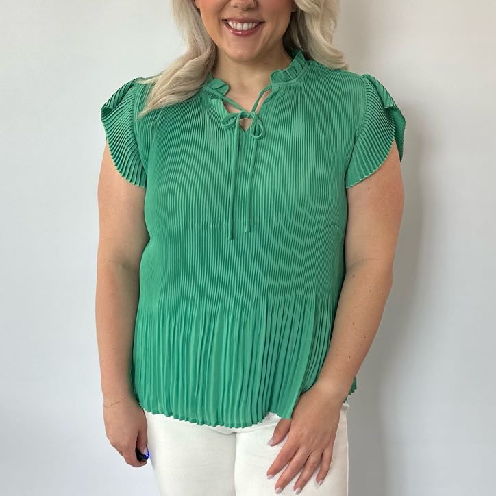 Green Pleated Tie Front Top - Small