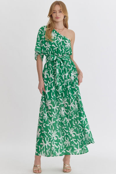 Green Printed One Shoulder Dress