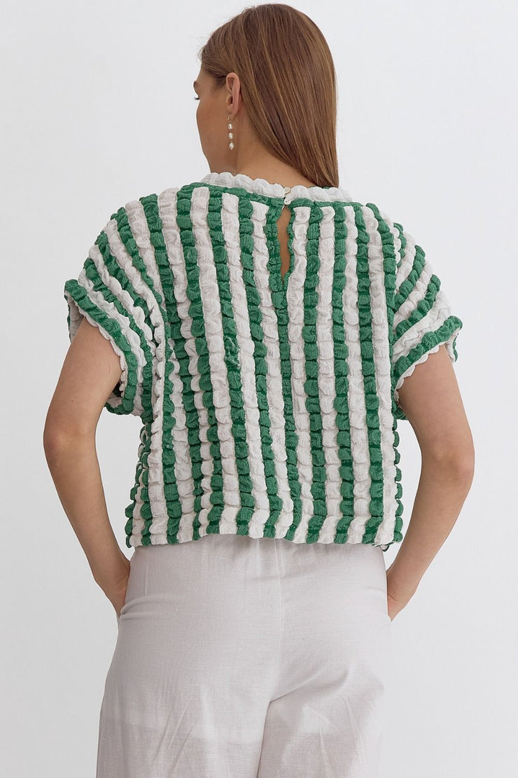 Green Textured Striped Top - Large