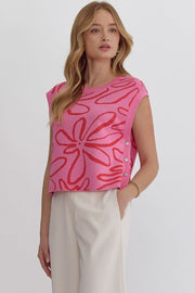 Pink Floral Knit Sleeveless Sweater - Large